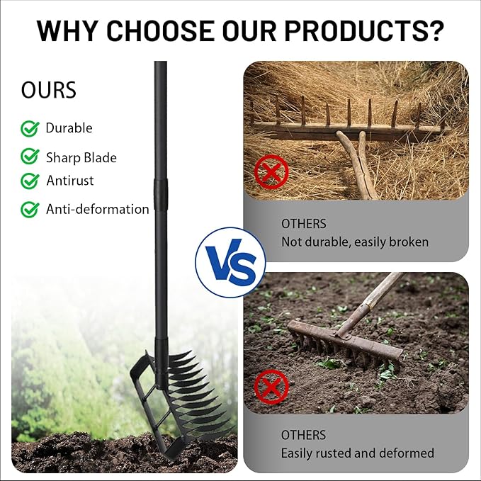 Garden Hoe Stirrup Hoe Weeding Tools, 2-in-1 Garden Hoe for Weeding with 76.8" Adjustable Handle, Heavy Duty Gardening Tools with 12 Tines for Weeding, Loosening, Digging and Cultivation