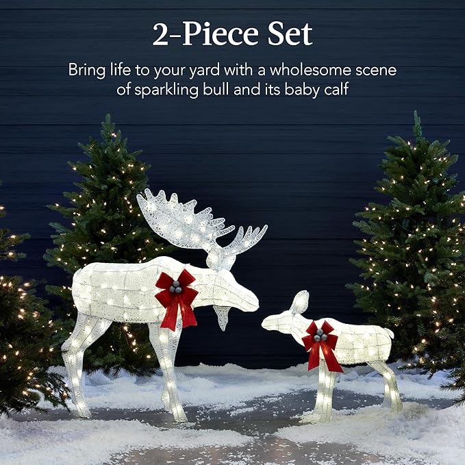 Best Choice Products 5ft 2-Piece Moose Family, Lighted Outdoor Christmas Yard Decoration, Light-Up Décor Set w/ 370 LED Lights, Zip Ties - White