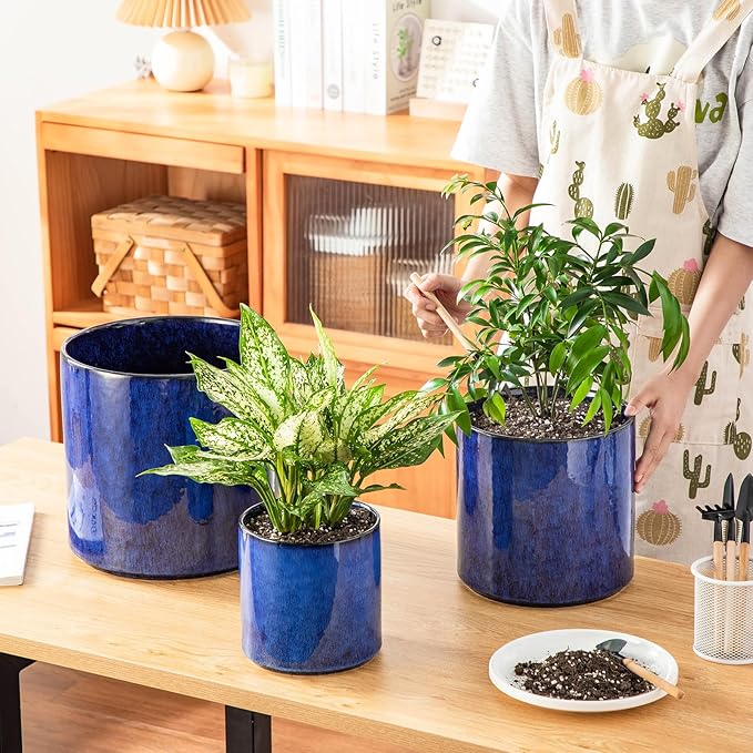 vancasso 6"+8"+10" Ceramic Pot for Plants, Large Outdoor Indoor Planter Pots with Drainage Holes, Set of 3, Blue