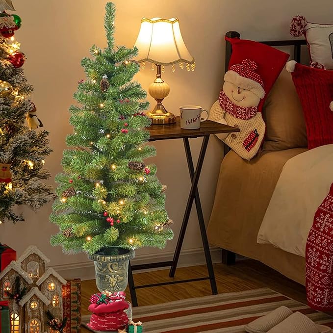 4FT Artificial Potted Christmas Tree with Lights, Pre-lit Mini Christmas Tree with 50 LED Lights, Small Fake Spruce Tree with 140 Branch Tips, Pine Cones&Red Berries, Battery Operated