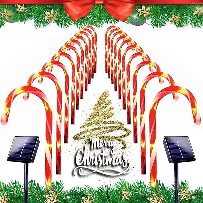 20 Pack Solar Christmas Candy Cane Lights, Christmas Decorations Outdoor Waterproof, Solar Powered Pathway Lights with 8 lighting Modes & Memory Function for Outside Party Garden Yard Patio Decoration