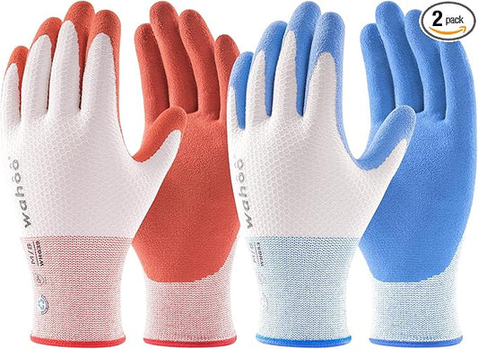 wahoo Gardening Gloves for Women, Garden Gloves with Latex Palm Coated, Breathable B.COMB AIR Technique, Pureed Pumpkin & Azure Blue, Medium, 2 Pairs
