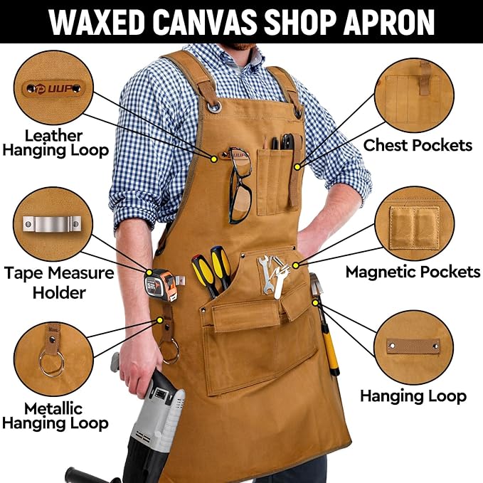 Woodworking Apron for Men, Shop Apron 20 oz Canvas Work Apron with 9 Tool Pockets, Heavy Duty Wood Working Workshop Bib Apron for Carpenter Woodworker Blacksmith, Men Gift, Adjustable to S- 3XL, Khaki