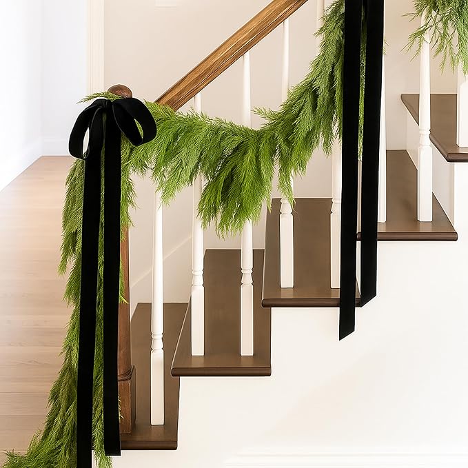 Janinka 6 Pcs Black Velvet Christmas Swag Bow 31.5 x 23.6 inch Large Vintage Christmas Ornament Rustic Velvet Staircase Wreath Bows Xmas Tree Topper Bows Large Bow for Outdoor