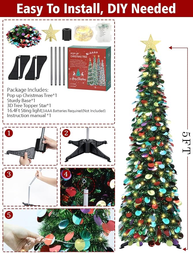 HMASYO 5 FT Pop Up Christmas Tree with Timer Lights, Green Christmas Tinsel Tree, Collapsible Artificial Pencil Christmas Tree for Indoor Home Apartment Porch Holiday Party Decorations