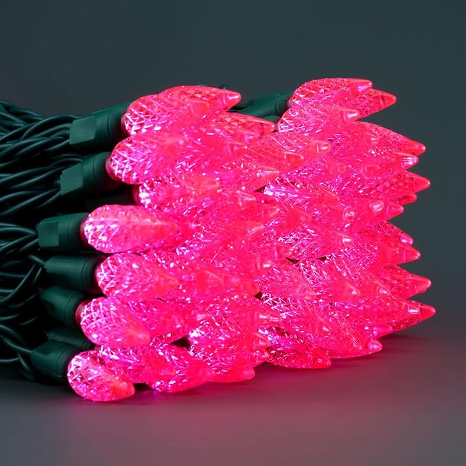 YULETIME Pink One-Piece C6 Strawberry Christmas Lights 140 Count 71 Feet, 2 Sets 70 LED 35.5 ft High Waterproof UL Certified String Light (Pink)