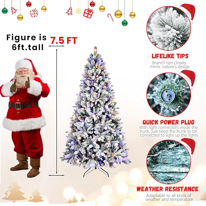 7.5FT Prelit Flocked Christmas Tree with 400 Two Color LED Lights and 45 Colorful Bauble Lights, 10 Flashing Modes, Pre Lit Artificial Christmas Tree with Snow and Memory Wire Technology for Holiday