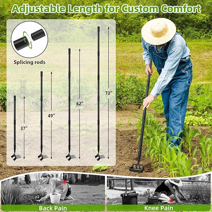 Weeding Hoe Garden Tool, 2 in 1 Stirrup Hoe and Cultivator with 62 inch Adjustable Long Handle, Heavy Duty Metal Garden Action Scuffle Hoes for Efficient Weeding Soil Aeration Small Weeder Tool