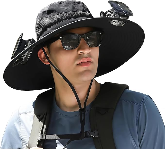 Wide Brim Solar Fan Hat for Men Women- UPF 50+ Sun Bucket Hat with 2 Built-in Solar Powered Fans for Fishing, Hiking & Beach