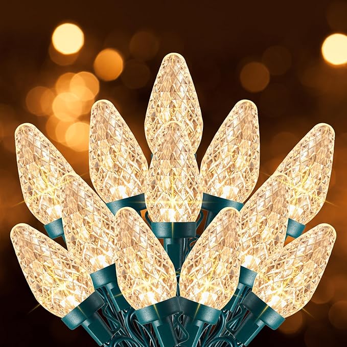 C9 Christmas Lights Outdoor, 33 FT 50 LED Connectable C9 String Lights with 8 Modes and Timer Extendable Xmas Tree Patio Roofline Garden Yard Holiday Party Indoor Outdoor Decoration, Warm White