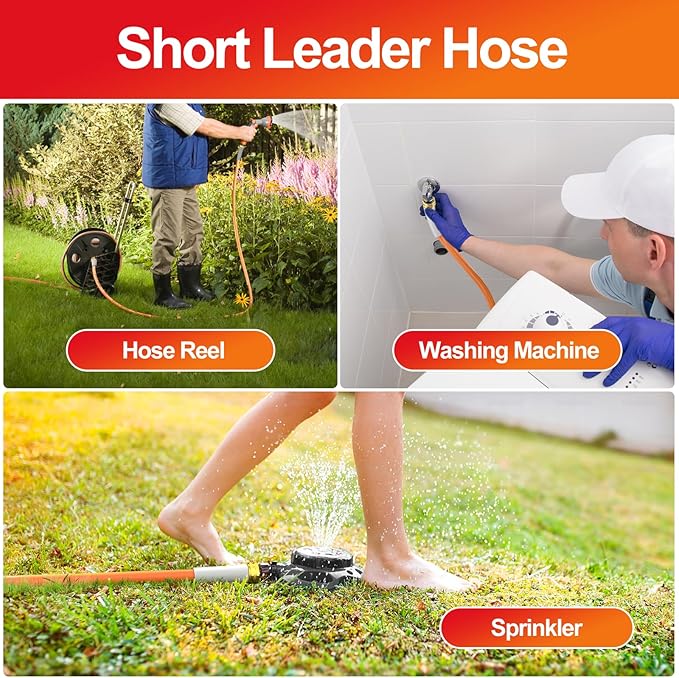 Garden Water Hose 15 ft x 5/8 in, Heavy Duty Leader Pipe Extension, Flexible, Lightweight Kink-less,Hybrid Rubber, with 3/4" Brass Fittings, Orange