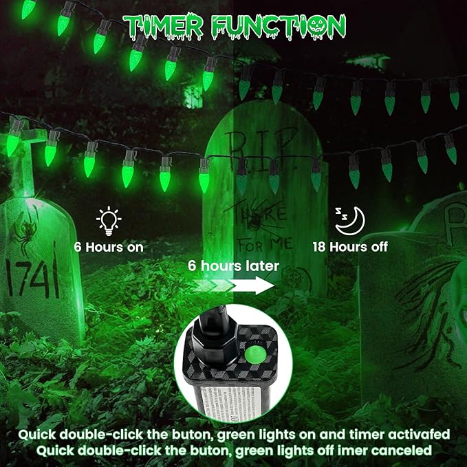 2 Pack C6 Halloween Lights Outdoor Indoor, Total 200 LED 66 FT Connectable Christmas String Lights with Timer & 13 Modes, Waterproof Twinkle Light for Porches Tree Horror Party Decorations (Green)