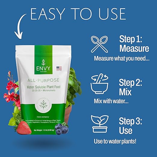 ENVY All-Purpose Plant Food | 100% Water Soluble, Professional Grade | Fertilizer for All Plants - Resealable Pouch W/Measuring Scoop (3 lb)