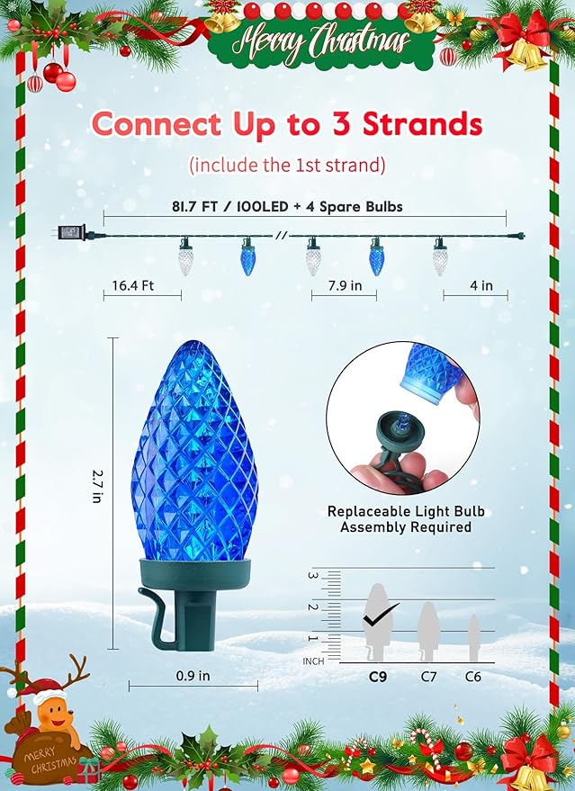 C9 LED Christmas Lights Outdoor, 81 Feet 100 LED String Lights with Timer & 8 Light Mode, Waterproof Commercial Grade Christmas Tree Lights for Outside Indoor Roofline Patio Decor, Blue & Pure White