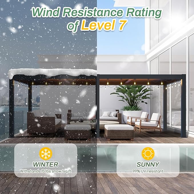 LVUYOYO Outdoor Louvered Pergola 10' x 20' with LED String Lights, Aluminum Pergola with Adjustable Roof, Waterproof Metal Gazebo for Patio, Backyard, Garden, Deck (10x20FT with Lights)