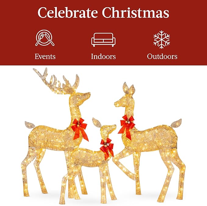 Best Choice Products 6.5ft 3-Piece Large Lighted Christmas Deer Family Set, Outdoor Yard Decoration with 385 LED Lights, Stakes, Zip Ties - Gold