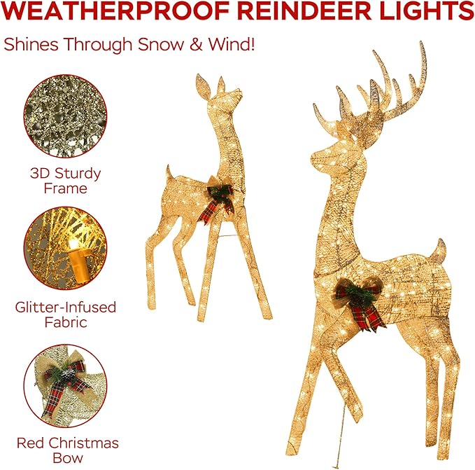 Outdoor Reindeer Family Christmas Decor, 3-Piece Large Golden Deers (Buck/Doe/Fawn) Holiday Xmas Lawn Decorations, with 300 Warm White LED Lights, Prefect for Yard, Garden