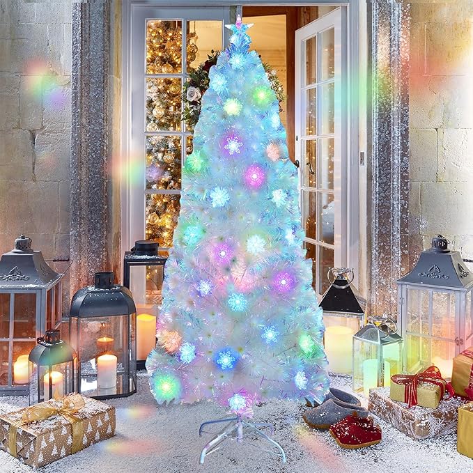 Juegoal 6ft Pre-Lit Artificial Christmas Tree, Lighted Optical Fiber Xmas Trees with Color Changing LED Lights, Snowflakes & Top Star, Party Home Holiday Fake Multicolored Tree with Metal Legs, White