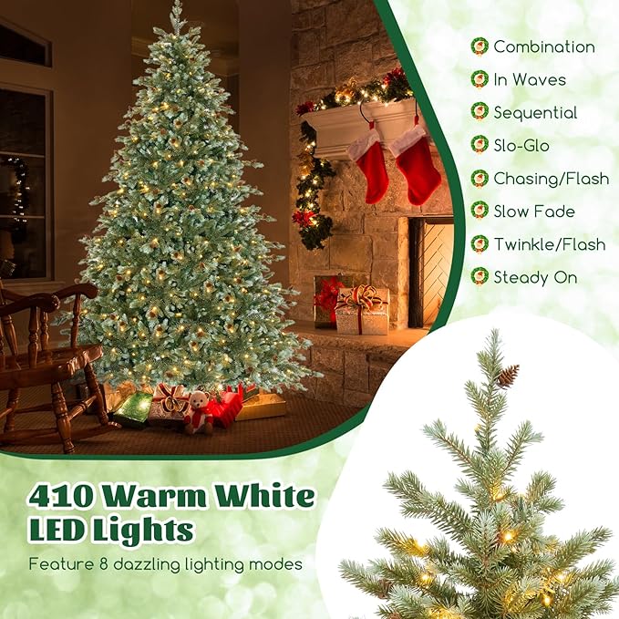 GOFLAME 8FT Pre-Lit Christmas Tree, Artificial Xmas Tree with 1226 Branch Tips, 89 Pine Cones, 410 Warm White LED Lights, 8 Lighting Modes, Holiday Decoration Tree for Home, Shop & Office