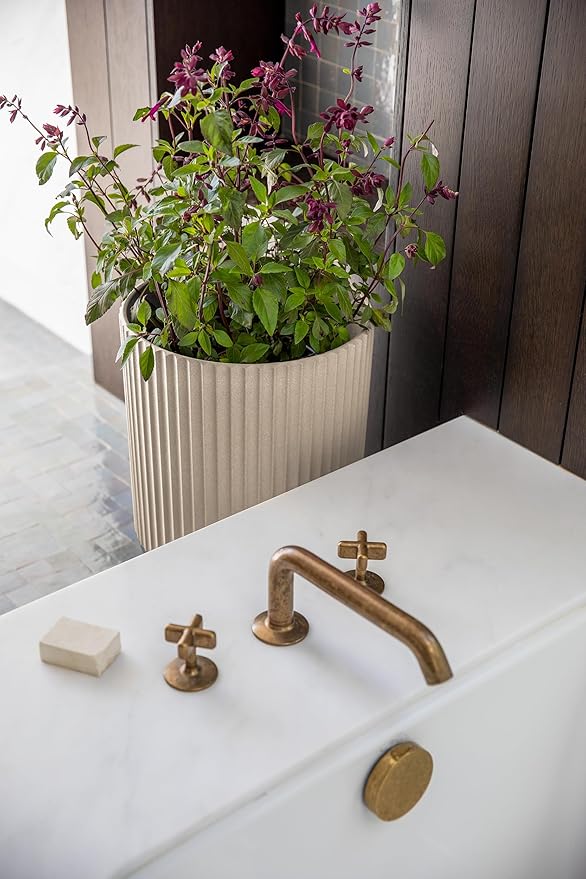 Veradek Demi Series Round Planter w/Stand for Porch/Patio | Durable Plastic-Stone Composite & Wooden Stand | Modern Décor for Tall Plants, Flowers