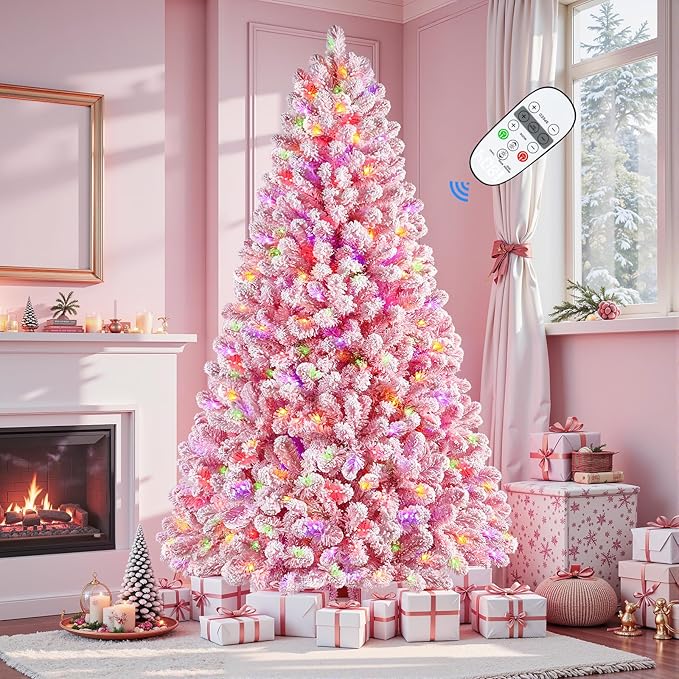 SHareconn 6ft Pre-Lit Flocked Spruce Artificial Hinged Christmas Tree with Remote, Timer and 330 Warm White & Multi-Color Lights, 950 Branch Tips, Perfect Choice for Xmas Decoration, 6 FT, Pink