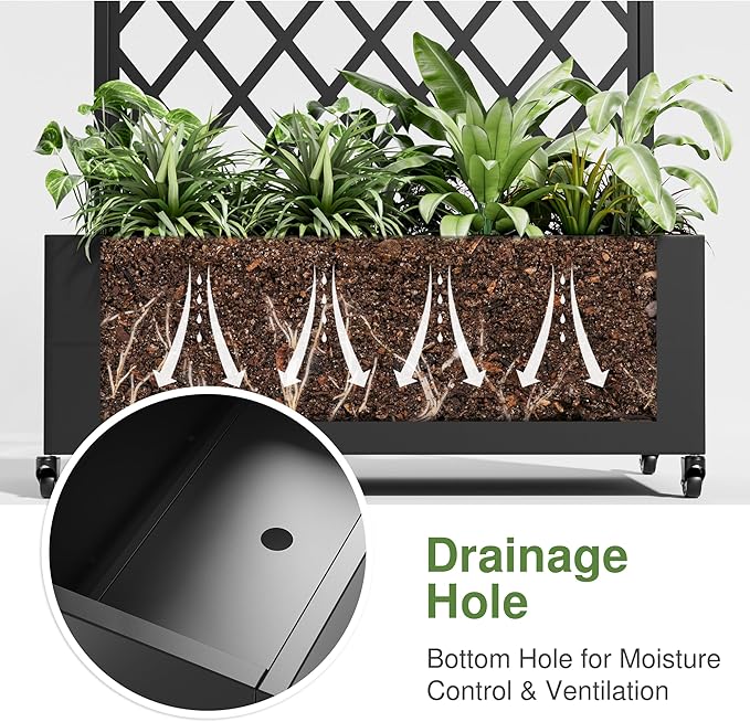 Casaphoria Metal Raised Garden Bed with Trellis and Wheels, 72"x35"x16" Planter Box for Climbing Plants, Vegetables & Vines, Features Drainage Holes and Privacy Screen (Black-Laurence)