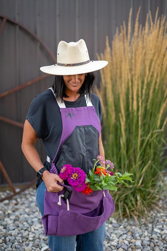 Roo Gardening Apron with Pockets & Harvesting, Picking Pouch - Adjustable, Water-resistant, Washable Canvas Cotton
