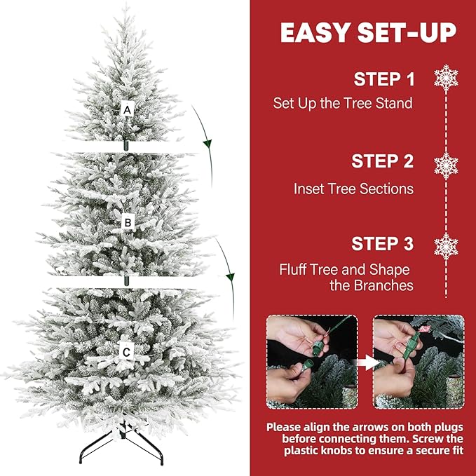 Hykolity 7.5 ft Prelit Snow Flocked Christmas Tree, 2933 PE&PVC Realistic Branch Tips, Artificial Twinkling Christmas Tree with 450 Warm White LED Lights, Metal Stand and Hinged Branches