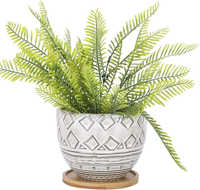 VanEnjoy 5.5 inch Large Round Bohemian Style Ceramic Planter, Geometry Engrave Off White Brown Succulent Planter Flower Pot - Indoor Outdoor Decorative Planter