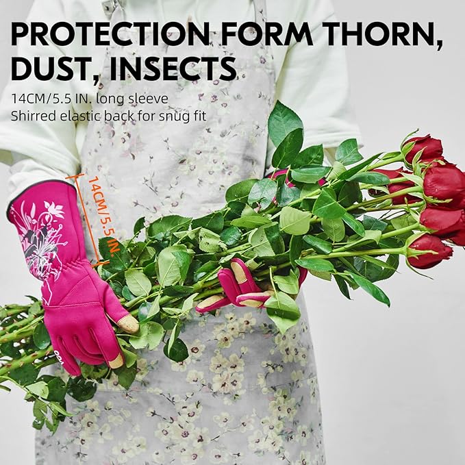 Vgo 1-Pair Ladies' Synthetic Leather Gardening Gloves, Long Sleeves Gauntlet, Breathable & Grip Work Gloves, High Dexterity, Washable (Size M, Red, SL7445)