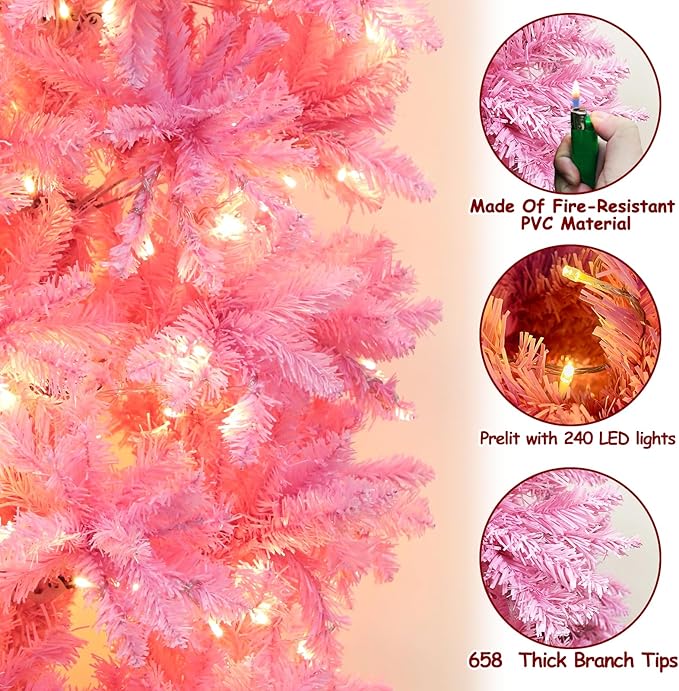 6Ft Prelit Artificial Slim Pink Christmas Tree, 240 LED Warm Lights, 658 Thick Branches, Fire-Resistant, UL Plug, Metal Stand, Hinged Pencil Xmas Tree Christmas Decorations Home Indoor Outdoor