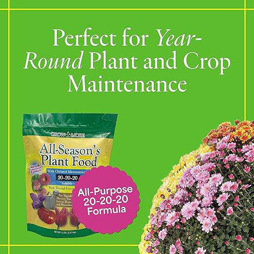 Grow More All-Season's Plant Food (20-20-20 Fertilizer) - 5lbs of All Purpose Fertilizer - Water Soluble Food for Houseplants & Outdoor Plants with Chelated Micronutrients