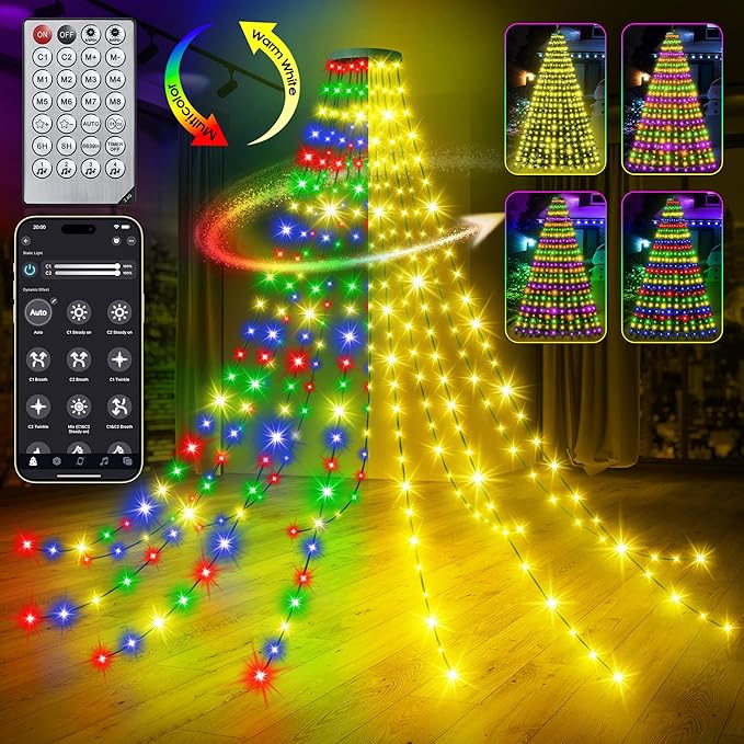 30+ Modes Ring Christmas Tree Lights Indoor Outdoor - 7.05Ft x 12 Lines 312 LED Easy App Control Color Changing Timer Remote Waterproof for 6 7 Ft Xmas Trees (Warm White to Multicolor)
