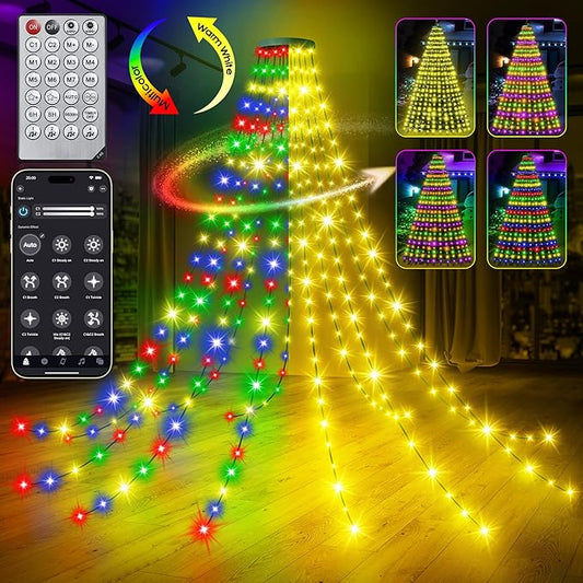 30+ Modes Ring Christmas Tree Lights Indoor Outdoor - 7.05Ft x 12 Lines 312 LED Easy App Control Color Changing Timer Remote Waterproof for 6 7 Ft Xmas Trees (Warm White to Multicolor)