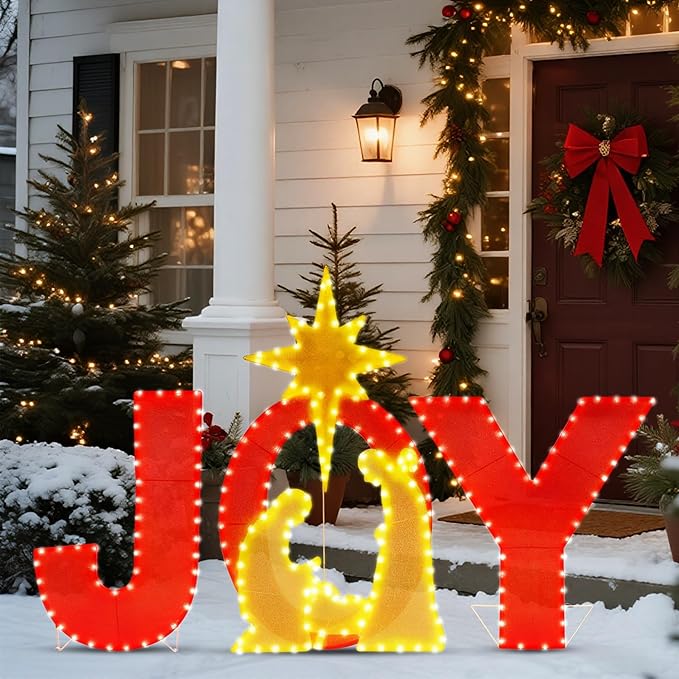 Prsildan 3.3FT x 2FT Christmas Decorations Outdoor- Lighted Joy Yard Sign, Outdoor Nativity Scene Set with 250 LEDs, Outside Christmas Decor for Porch, Lawn