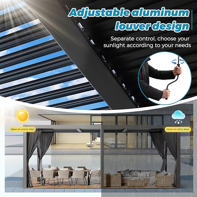 LVUYOYO Outdoor Louvered Pergola 10' x 20', Aluminum Pergola with Adjustable Roof, Waterproof Metal Gazebo with Curtains and Netting for Patio, Backyard, Garden, Deck (Black)