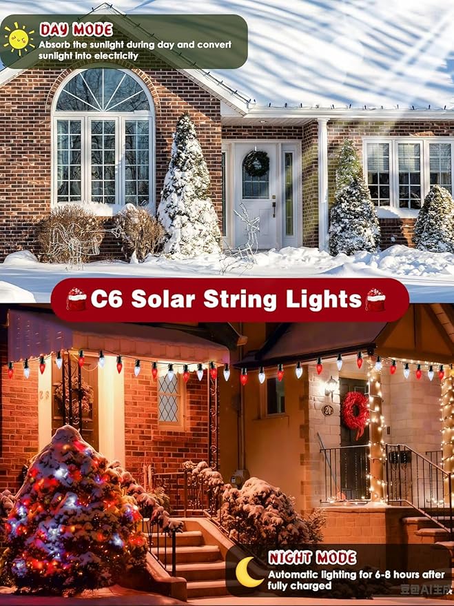 C6 Solar Christmas Lights Outdoor, 50 LED 16FT Christmas Decorations Outdoor Waterproof, Solar String Lights for Outside with 8 Modes, Fairy Twinkle Light for Tree Garden Xmas Decor (Red and White)
