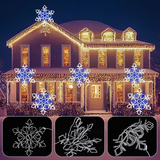 36 Inch Christmas Snowflake Lights Outdoor Decor, Waterproof Blue & White LED Large Light Up Christmas Snowflake Hanging Decorations for Yard Porch Window Holiday Party Winter