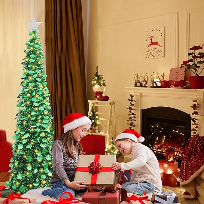 HMASYO 5 FT Pop Up Christmas Tree with Timer Lights, Green Christmas Tinsel Tree, Collapsible Artificial Pencil Christmas Tree for Indoor Home Apartment Porch Holiday Party Decorations