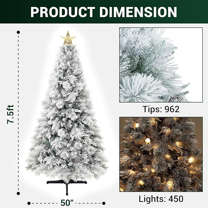 Darla 7.5ft Snow Flocked Rotating Christmas Tree with Star Projector, 43 Pine Cones, 962 Branch Tips, 450 Warm Lights and Rotating Base 50" Wide Snowy Frosted Pine Christmas Tree with Lights