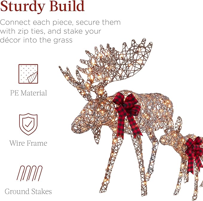 Best Choice Products 5ft 2-Piece Moose Family, Lighted Outdoor Christmas Yard Decoration, Light-Up Décor Set w/ 370 LED Lights, Zip Ties - Rattan