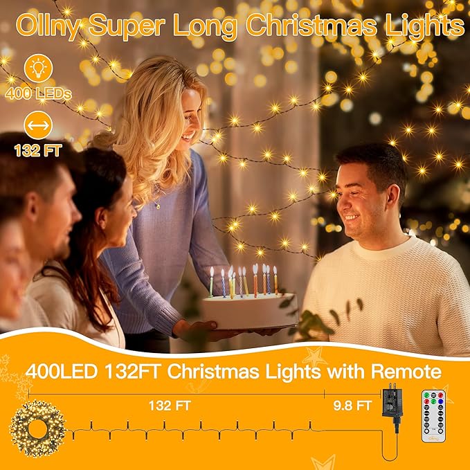 Ollny Christmas Tree Lights 400LED 132FT, Remote Plug-in Christmas Lights with Timer and 8 Modes, Waterproof Outdoor String Light for Thanksgiving Xmas House Indoor Outside Decorations(Warm White)
