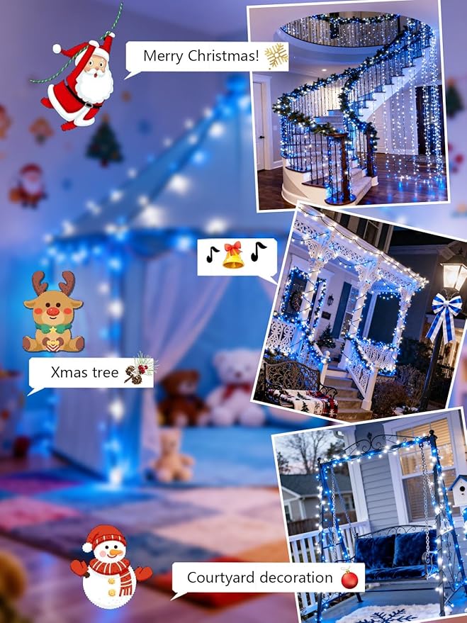Voice Controlled Christmas Lights with Remote, 99 FT 300 LED String Lights Indoor Outdoor with 12 Modes 3 Timers, Dimmable Twinkle Light Plug in Waterproof for Xmas Tree Party Decor, White and Blue