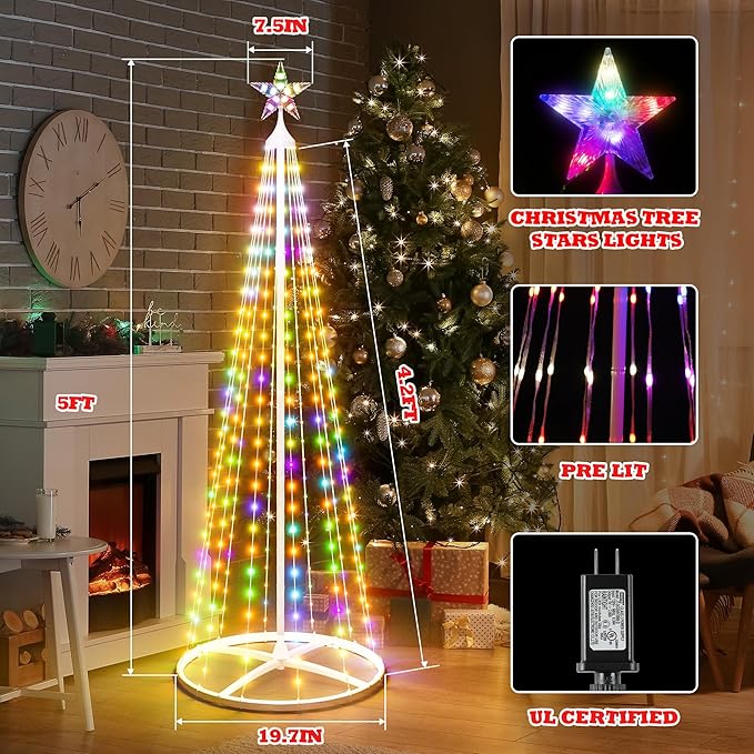 5FT Outdoor Christmas Tree Lights, Multicolor Prelit Smart Cone Christmas Tree with Star, Music Sync, App & Remote Control, LED Light Show Tree for Indoor Outdoor Decorations