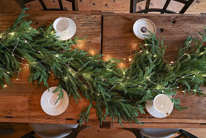 MISSPIN 14ft Christmas Garland with LED Lights, Real Touch Norfolk Pine Garland, Green Artificial Greenery Garland for Table, Mantle, String Light, Wall, Indoor, Outdoor Christmas Decorations
