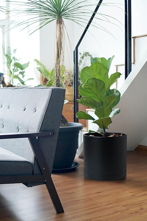 D'vine Dev 2 Pack 12 Inch Modern Plastic Plant Pots, Small Garden Planters for Plant with Drainage Holes and Saucers, Black Color, 74-Y-P-1