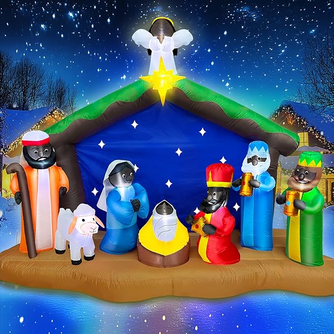 8 Ft Long 5.5 Ft Tall Christmas Inflatables African American Black Nativity Scene Set Outdoor Decorations with Angel, Built-in LED Light Blow Up Black Jesus Manger Set Xmas Inflatable Decor Yard Lawn