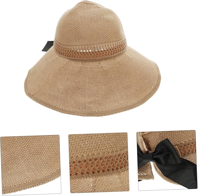 Foldable Bowknot Straw Sun Hat for Women Lightweight Wide Brim Beach Visor for Outdoor Activities Breathable Summer Sun Protection Accessory Portable Garden and Hiking Cap Khaki
