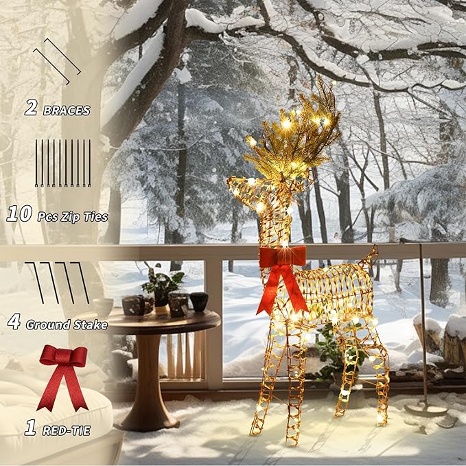 LightsUp Christmas Reindeer Outdoor, 51" H Lighted Reindeer Outdoor Christmas Decor 70 Warm White LED, 3D Rattan Deer Standing Twinkle Deer for Home Yard Patio Garden Outside Decorations