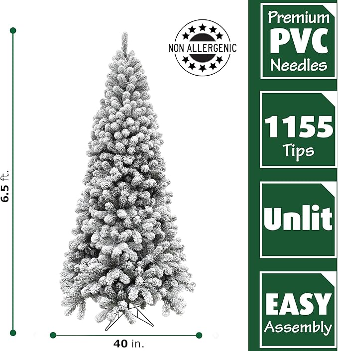 Fraser Hill Farm 6.5-Ft. Alaskan Pine Flocked Artificial Christmas Tree with Stand, Unlit Foldable Fake Tree with Realistic Snowy Foliage for Home Decoration